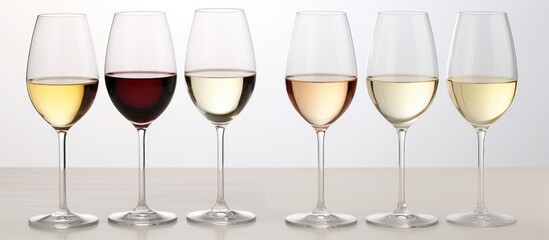 Poster - An elegant display of various alcoholic beverages in stemware drinkware, showcasing different types of wine in a row of wine glasses