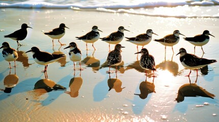 Sticker - a flock of birds standing on top of a sandy beach next to the ocean on top of a body of water.