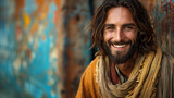 Fototapeta  - An expressive portrait of the life of the face of Jesus Christ smiling and looking at the camera
