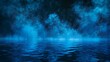 Stunning modern mockup of smoke, magic haze clouds, and blue glow steam in a nightclub perspective view. Background with mist or fog spreading over dark water surface. Mysterious natural phenomenon