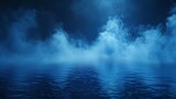 Fototapeta  - The picture shows smoke, magic haze clouds, blue glowing steam in a nightclub perspective view. The background shows fog or mist spreading over dark water surface. Mysterious natural phenomenon. The
