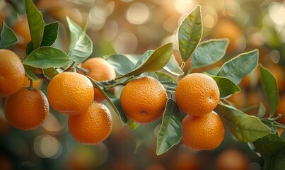 beautiful fresh ripe oranges hanging on a tree in garden