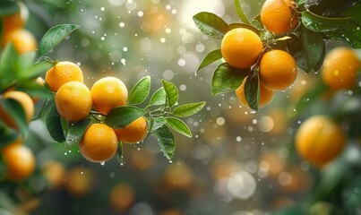 beautiful fresh ripe oranges hanging on a tree in garden