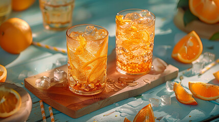 Poster - Two glasses of orange juice with ice cubes and a wooden tray with oranges and ice cubes. Scene is refreshing and inviting