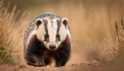 Wall Mural -  a badger is walking through a field of tall grass and tall brown grass is in the foreground and a blurry background is in the foreground of the foreground.