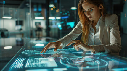 Poster - A woman is using a computer to type on a screen. Concept of modern technology and the importance of digital communication in today's world