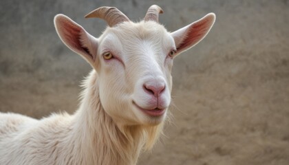  a close up of a goat's face with a rock wall in the background and a dirt area in the foreground.