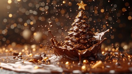 Canvas Print - a chocolate christmas tree sitting on top of a table next to a pile of gold and silver confetti.