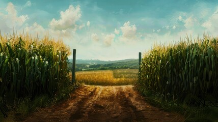 Canvas Print - Serene cornfield path with a dreamy sky - A picturesque path between cornfields under a dreamy sky evokes feelings of peace, growth, agriculture, and potential