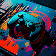 © Valeriia19 - Striking digital illustration showcases evolution of gaming, featuring a sleek, futuristic joypad against a vivid, graffiti-like backdrop. Swirling vibrant colors and illuminated buttons infuse energy
