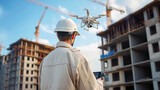 Fototapeta  - Engineer in white protective helmet controlling drone for aerial construction inspection at project construction site. Using drones and new technologies in construction