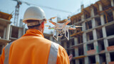 Fototapeta  - Engineer in white protective helmet controlling drone for aerial construction inspection at project construction site. Using drones and new technologies in construction