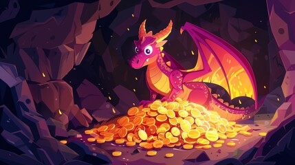 Wall Mural - A dragon guards a gold pile in a cave, a fantasy character guards a treasure in a mountain cavern. Cartoon illustration of a medieval fairytale creature, flying animal, or a character from a book or