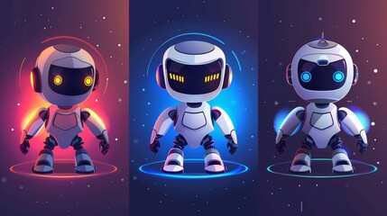 Wall Mural - ai technology posters with cute robot character. science and business applications of artificial int