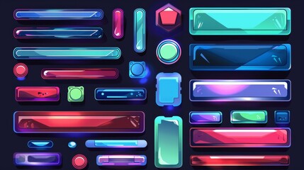 Wall Mural - Isolated illustration of game frames, bars, and menu buttons. Empty borders with banners, colors, play and pause keys, and user panel settings.