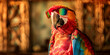 An image of a mysterious parrot in high fashion ensemble and outrageous shades