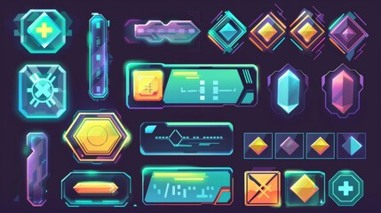 Wall Mural - Sci-fi style buttons and frames for games. Menus and assets for user interfaces. Modern cartoon set of futuristic game UI elements, bars of health, money, and energy.