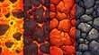 For game background, dragon skin textures and lava tiles with stones. Modern cartoon seamless patterns of lava and red scales of reptiles or monsters.