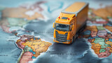 Fototapeta  - Truck model on world map , transportation of goods between countries on the road concept image