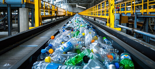 Conveyor belt with plastic recyclables at the enterprise, waste recycling and disposal concept