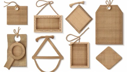 Canvas Print - The tags are made from brown canvas material with stitching. Modern illustration of textile tags in different shapes.