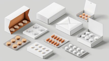 Open white boxes with blister packs containing medical drugs. Modern mock up of 3D pharmacy packages containing round and oval pills.