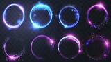Fototapeta  - An image of a glow circle with sparkles, magic light effect, with a modern realistic set of blue and purple shiny rings, swirls, and a round frame of flare trail with glitter dust.