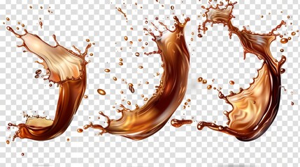 The liquid waves of brown water, whiskey or beer with drops and swirls are isolated over a transparent background. Modern realistic set of liquid waves of falling and flowing brown water, whiskey or