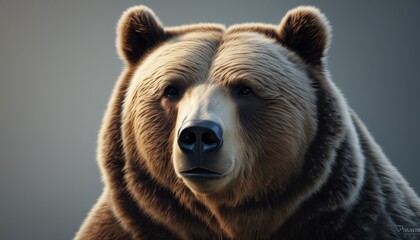 Wall Mural -  a close up of a brown bear's face with a black nose and brown fur on a gray background.