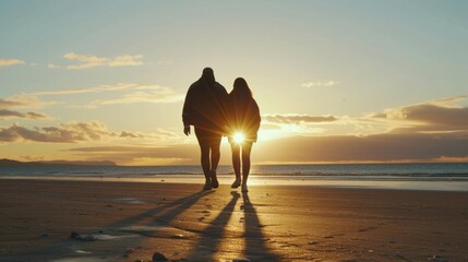 Sticker - a couple of people standing on top of a beach next to the ocean with the sun setting in the background.