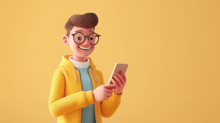 3d charecter a boy use mobile or smartphone