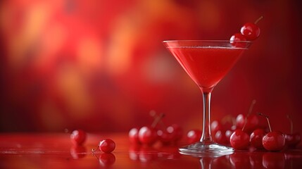 Sticker - a close up of a martini glass with cherries on the rim and a red background with a blurry background.