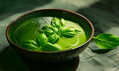 Wall Mural - Bowl of green smoothie with basil leaves. The concept of healthy eating and natural products.