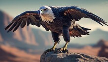  A Close Up Of A Bird Of Prey On Top Of A Rock With Mountains In The Backgroup.