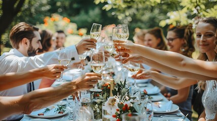 A group of people  toasting prosecco during a wedding, at a long rich-styled table on a sunny day in the garden