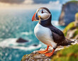  Atlantic puffin (Fratercula arctica) on a rocky cliff with an ocean background.