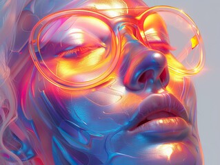 Wall Mural - impression face Contemporary artwork of women wearing Eyeglasses with iridescent opalescent colours liquid or smoke style