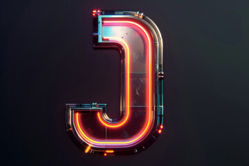 Poster - Futuristic 3D uppercase typography, alphabet letter J with metal texture and glowing LED lights isolated on dark background, beautiful unique font design for poster, logo, science fiction movie etc.