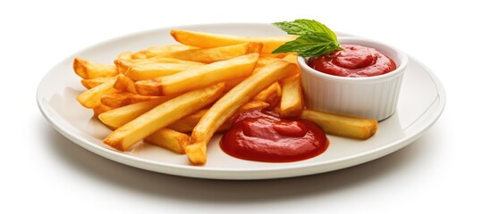 Poster - A dish of crispy French fries served on a white plate with a side of ketchup, showcasing a delicious and classic comfort food made from natural ingredients