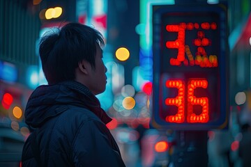 Canvas Print - a man standing in front of a neon sign