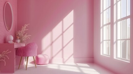 Sticker - a pink room with a vanity, chair, mirror, and potted plant in the corner of the room.