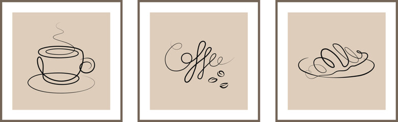 Three posters set of elegant prints posters one line wall-art coffee break breakfast beige black picture