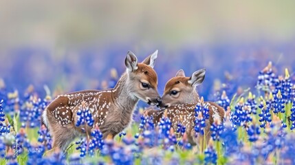Wall Mural - a couple of deer standing next to each other in a field of blue and purple flowers with a blurry bac