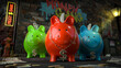 Die Sparschwein Bande - drei Sparschweine mit Dollar-Kette um den Hals stehen auf dunkler Straße mit Schild 