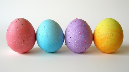 Poster - a row of painted eggs with sprinkles in the middle of the row, on a white background.