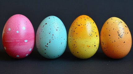 Poster - a row of painted eggs sitting next to each other on a black surface with speckled eggs in the middle of the row.