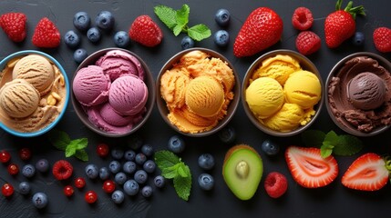 Poster - four bowls of ice cream surrounded by berries, kiwi, strawberries, and avocado on a black surface.