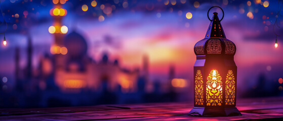 Lantern is lit in the evening sky, with a building in the background