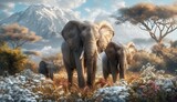 Fototapeta  - Group of African Bush Elephants Grazing in Golden Light