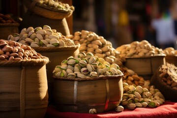 Wall Mural - Global Pistachio nuts market basket. Green nutrition. Generate Ai